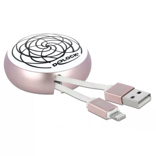 Delock USB 2.0 behúzható kábel A-típusú   Lightning  8 tűs, fehér / halvány rózsaszín (85817)