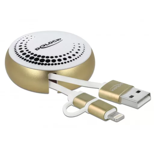 Delock USB 2.0 2 az 1-ben behúzható kábel A-típusú   Micro-B és Lightning  fehér / arany (85820)