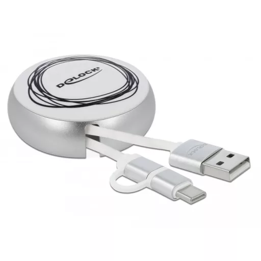 Delock USB 2.0 2 az 1-ben behúzható kábel A-típusú   Micro-B és USB-C  fehér / ezüst (85821)