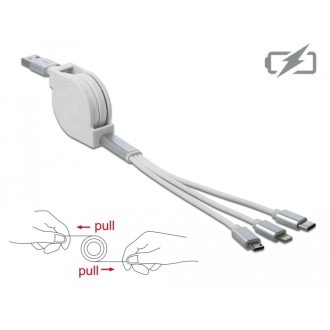   Delock 3 az 1-ben visszahúzható fehér USB töltokábel 8 tus- / Micro-USB- / USB Type-C  végzodéssel (85850)