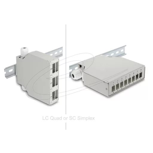 Delock 6 portos, DIN sínre szerelhető optikai szálas patch panel SC Duplex és LC Quad-hoz alternatív panellel 8 x SC Simplex vagy LC Duplex-hez szürke színű (86095)