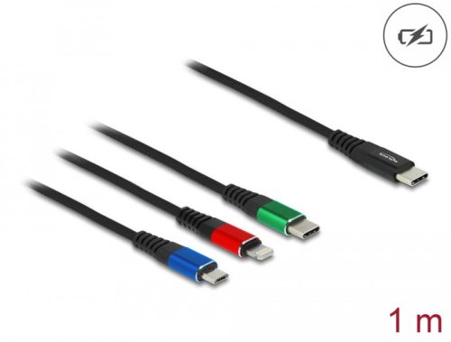 Delock 1 m hosszú, USB töltő kábel 3 az 1 USB Type-C  apa Lightning -, Micro USB- és USB Type-C  csatlakozáshoz (86596)