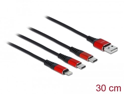 Delock 30 cm hosszú, USB töltő kábel 3 az 1 A-típusú apa Lightning -, es 2 x USB Type-C  csatlakozás