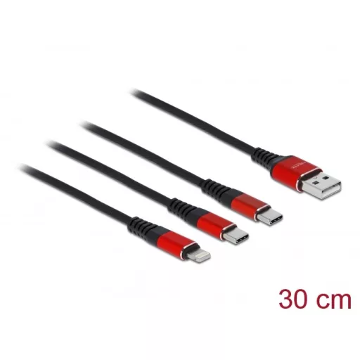 Delock 30 cm hosszú, USB töltő kábel 3 az 1 A-típusú apa Lightning -, es 2 x USB Type-C  csatlakozás (86708)