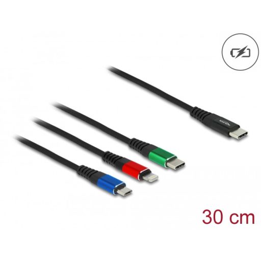 Delock 30 cm hosszú, USB töltő kábel 3 az 1 USB Type-C  apa Lightning -, Micro USB- és USB Type-C  csatlakozáshoz (86820)