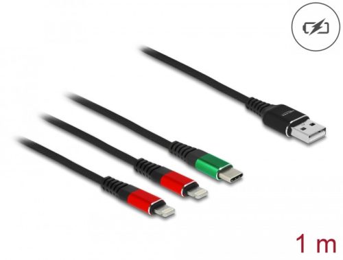 Delock 1 m hosszú, USB töltő kábel 3 az 1 A-típusú apa 2 x Lightning -, es USB Type-C  csatlakozáshoz