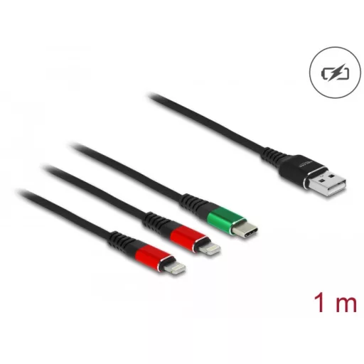 Delock 1 m hosszú, USB töltő kábel 3 az 1 A-típusú apa 2 x Lightning -, es USB Type-C  csatlakozáshoz (86821)