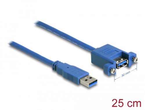 Delock Kábel, USB 3.0-s A típusú bementi csatlakozós > USB 3.0-s A-típusú csatlakozóhüvely, panelrögzítés, 25 cm