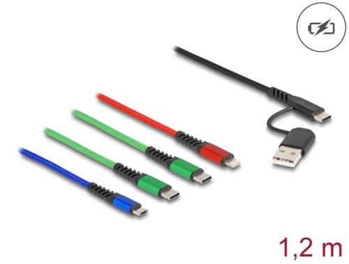 Delock 1,20 m hosszú, USB töltő kábel 4 az 1 A-típusú USB + USB-C apa Lightning-, Micro USB- és 2 x USB Type-C csatlakozáshoz (87035)