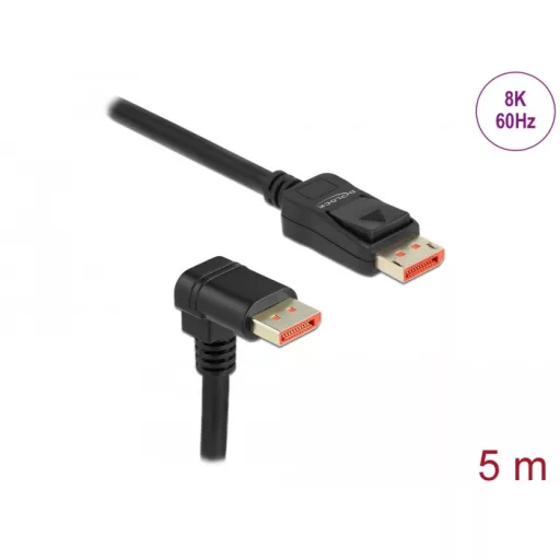 Delock DisplayPort kábel egyenes csatlakozódugóval - csatlakozódugóval 90  ívelt lefelé 8K 60 Hz 5 m (87053)