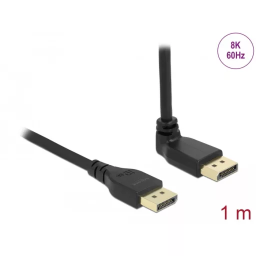 Delock DisplayPort kábel egyenes csatlakozódugóval - csatlakozódugóval 90  ívelt felfelé 8K 60 Hz 1 m retesz nélküli (87143)