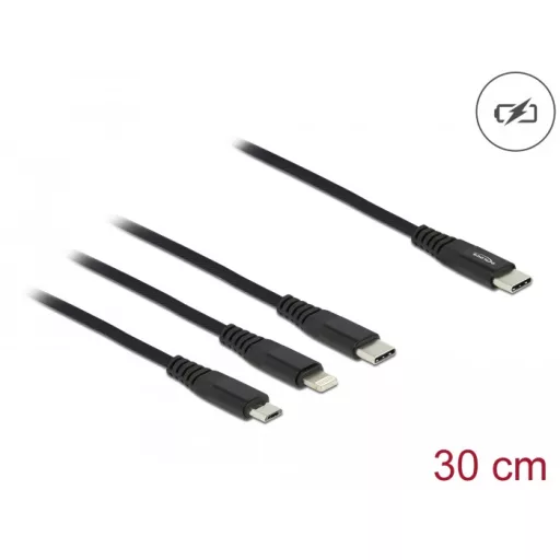 Delock 30 cm hosszú, USB töltő kábel 3 az 1 USB Type-C  apa Lightning -, Micro USB- és USB Type-C  c (87148)