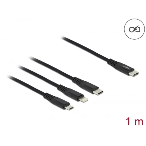 Delock 1 m hosszú, USB töltő kábel 3 az 1 USB Type-C  apa Lightning -, Micro USB- és USB Type-C  csa (87149)