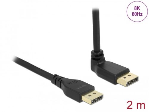 Delock DisplayPort kábel egyenes csatlakozódugóval - csatlakozódugóval 90  ívelt felfelé 8K 60 Hz 2 m retesz nélküli