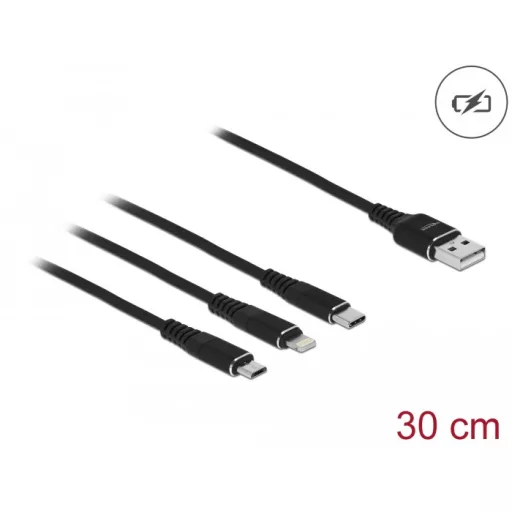 Delock 30 cm hosszú, USB töltő kábel 3 az 1-ben Lightning -, Micro USB- és USB Type-C  csatlakozásho (87152)