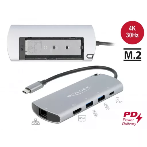 Delock USB Type-C  dokkoló állomás M.2 nyílással - 4K HDMI / USB / LAN / PD 3.0 (87767)