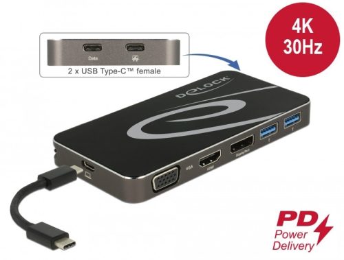 Delock USB Type-C  3.2 dokkolóállomás 4K HDMI DP / 1080p VGA, USB Hub és PD 3.0 (87773)