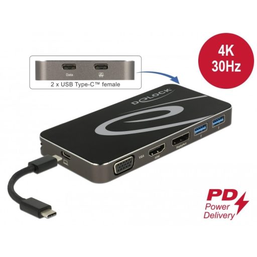 Delock USB Type-C  3.2 dokkolóállomás 4K HDMI DP / 1080p VGA, USB Hub és PD 3.0 (87773)