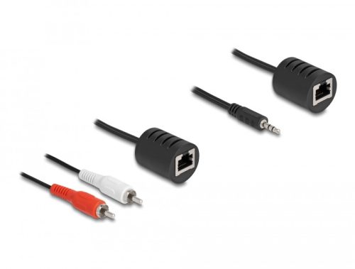 Delock Sztereo Audio bővítő RJ45 anya   3,5 mm sztereo jack apa és RJ45 anya - 2 db. RCA apa Cat.5 akár 50 m 2 db-os szett (87859)