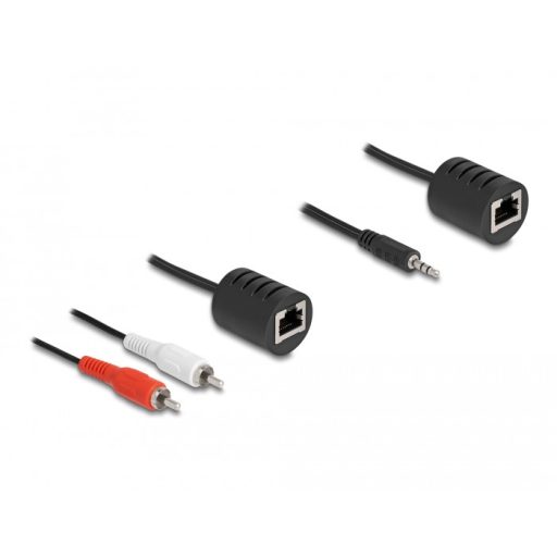 Delock Sztereo Audio bővítő RJ45 anya   3,5 mm sztereo jack apa és RJ45 anya - 2 db. RCA apa Cat.5 akár 50 m 2 db-os szett (87859)