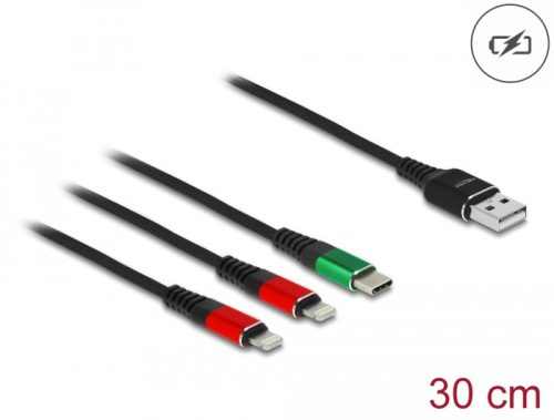 Delock 30 cm hosszú, USB töltő kábel 3 az 1 A-típusú apa 2 x Lightning -, es USB Type-C  csatlakozáshoz