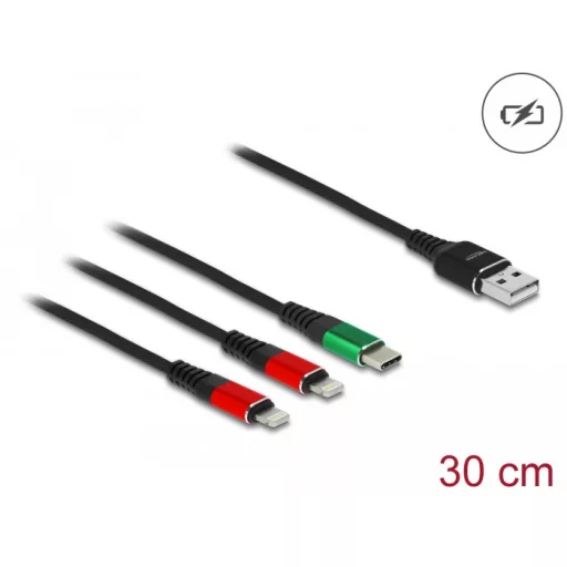 Delock 30 cm hosszú, USB töltő kábel 3 az 1 A-típusú apa 2 x Lightning -, es USB Type-C  csatlakozáshoz (87881)