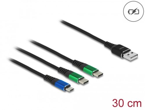 Delock 30 cm hosszú, USB töltő kábel 3 az 1 A-típusú apa Micro USB -, es 2 x USB Type-C  csatlakozáshoz