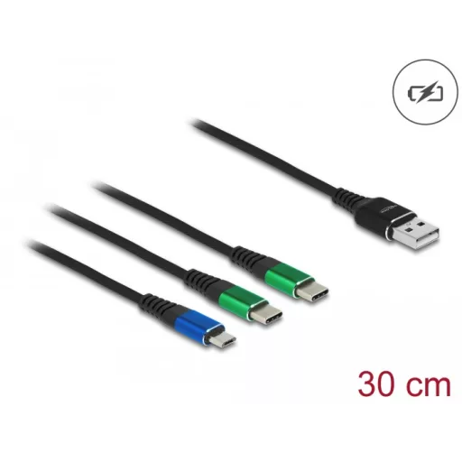 Delock 30 cm hosszú, USB töltő kábel 3 az 1 A-típusú apa Micro USB -, es 2 x USB Type-C  csatlakozáshoz (87883)