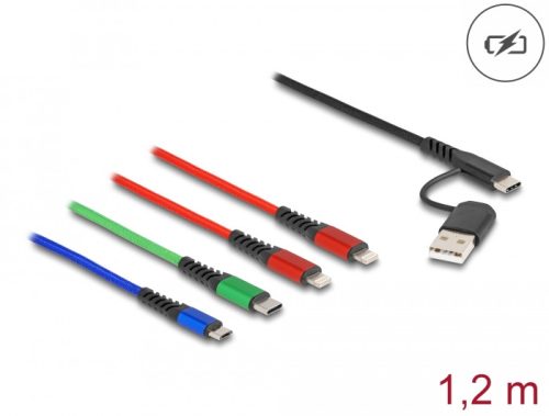 Delock 1,20 m hosszú, USB töltő kábel 4 az 1 A-típusú USB + USB-C apa 2 x Lightning-, Micro USB- és USB Type-C csatlakozáshoz (87884)