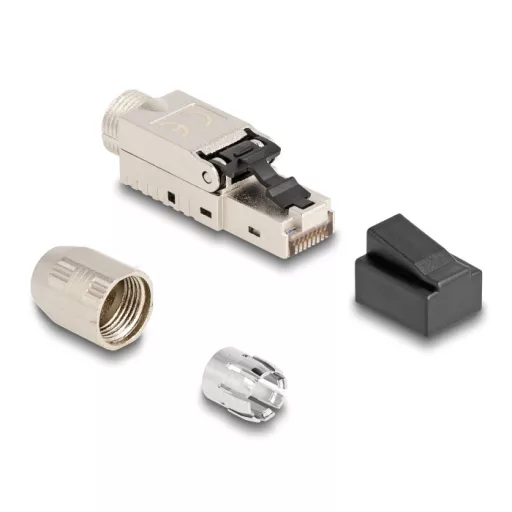Delock RJ45 apa dugaszoló szerelvény Cat.6A kábel borítással és por elleni fedéllel szerszám nélkül szerelhető (87988)