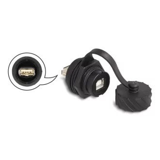   Delock Kábel csatlakoztató USB 2.0 B-típusú anya   USB 2.0 A-típusú anya installálásra IP68 por és víz elleni védő bajonettzá kalappal fekete (88010)