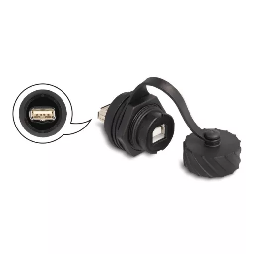 Delock Kábel csatlakoztató USB 2.0 B-típusú anya   USB 2.0 A-típusú anya installálásra IP68 por és víz elleni védő bajonettzá kalappal fekete (88010)