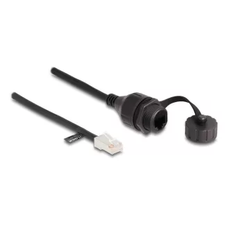   Delock RJ45 kábel apa - RJ45 anya beépített fedélsapkával Cat.5e FTP IP68 por és vízmentességért fekete, 25 cm (88012)