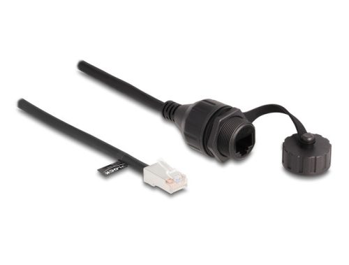 Delock RJ45 kábel apa - RJ45 anya beépített fedélsapkával Cat.5e FTP IP68 por és vízmentességért fekete, 25 cm