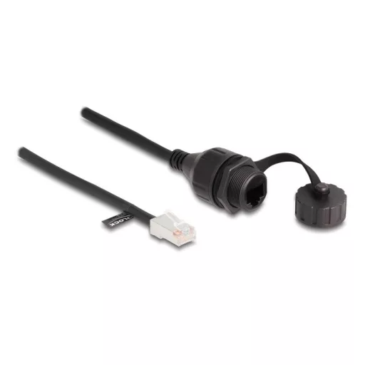 Delock RJ45 kábel apa - RJ45 anya beépített fedélsapkával Cat.5e FTP IP68 por és vízmentességért fekete, 25 cm (88012)