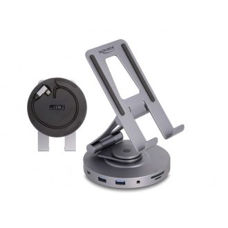   Delock Tablet és laptop dokkoló állomás 4K beépített tartóval - HDMI / USB / Hub / SD / Micro SD / PD 3.0 - 360  forgatható (88017)