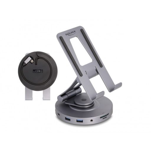 Delock Tablet és laptop dokkoló állomás 4K beépített tartóval - HDMI / USB / Hub / SD / Micro SD / PD 3.0 - 360  forgatható (88017)