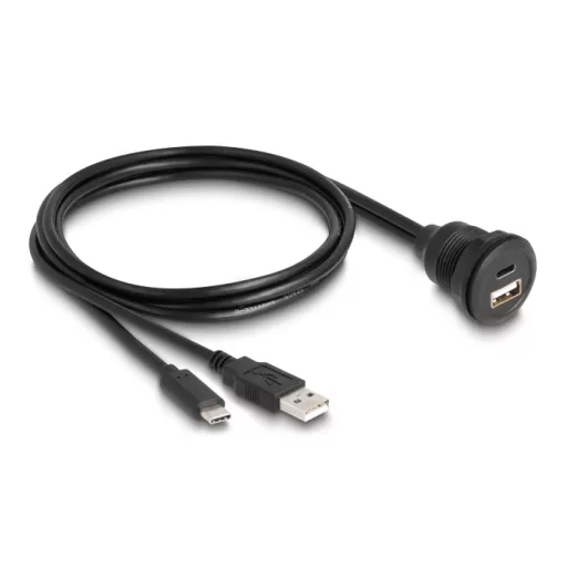 Delock USB 2.0 kábel A-típusú és USB Type-C  apa végződéssel, valamint egy A-típusú és egy USB Type-C  anya beépített végződéssel 1 m, fekete (88102)