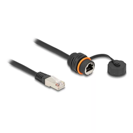 Delock Kábel RJ45 apa - RJ45 anya Cat.6A beépített használatra M20 cérnával és védő kupakkal IP68 por és vízhatlan 25 cm, fekete színű (88146)