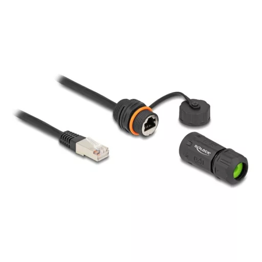 Delock Kábel RJ45 apa - RJ45 anya Cat.6A beépített használatra M20 cérnával és házzal IP68 por és vízhatlan 25 cm, fekete színű (88147)