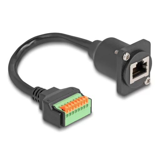 Delock D-típusú kábel RJ45 anya - Terminal Block nyomó gombbal Cat.5e fekete 30 cm (88153)