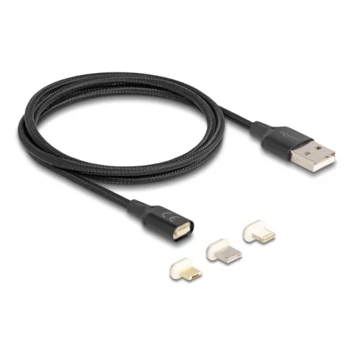Delock Mágneses USB töltő készlet 8 tűs Lightning  / Micro USB / USB Type-C  csatlakozókkal, fekete 1 m (88165)