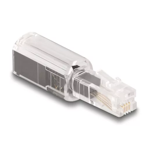 Delock Telefon kábel csavarodás mentes adapterrel RJ10 apa - RJ10 anya áttetsző / fekete (88168)