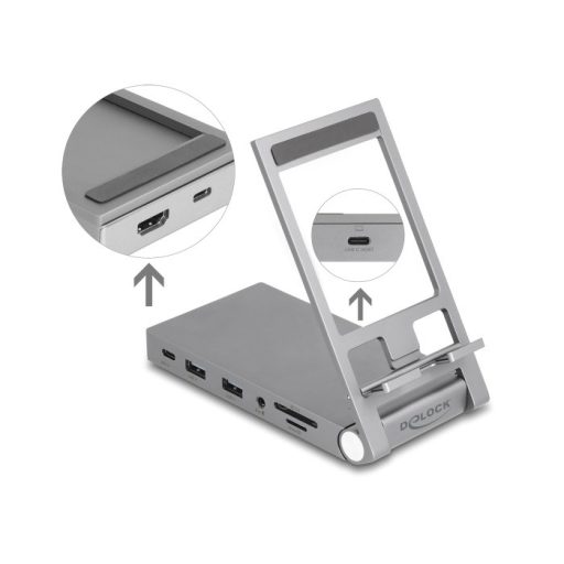 Delock táblagép és notebook dokkoló állomás 4K beépített tartóval - HDMI / USB / Hub / SD / Micro SD / PD 3.0 - összecsukható (88199)
