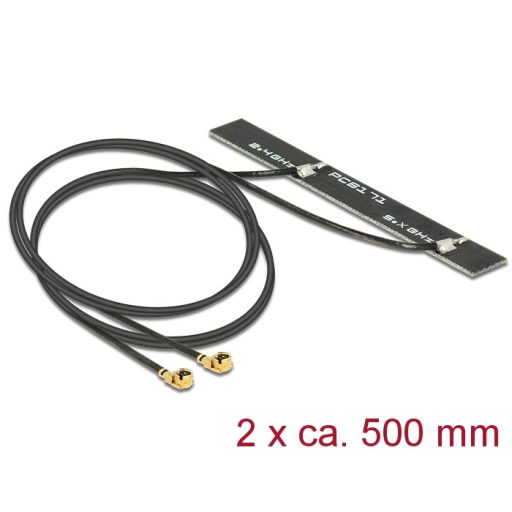 Delock WLAN 802.11 ac/a/h/b/g/n ikerantenna, 2 x MHF csatlakozódugó, 5 dBi, 500 mm-es NYÁK-lap, bels (89457)
