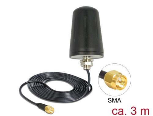 Delock LoRa antenna 868 MHz SMA dugó 0 dBi minden irányú (RG-174, 3 m) tetőre szerelhető fekete (89533)