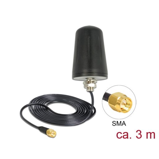 Delock LoRa antenna 868 MHz SMA dugó 0 dBi minden irányú (RG-174, 3 m) tetőre szerelhető fekete (89533)