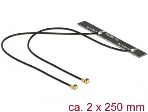 Delock WLAN 802.11 ac/a/h/b/g/n ikerantenna, 2 x MHF csatlakozódugó, 5 dBi, 250 mm-es NYÁK-lap, bels