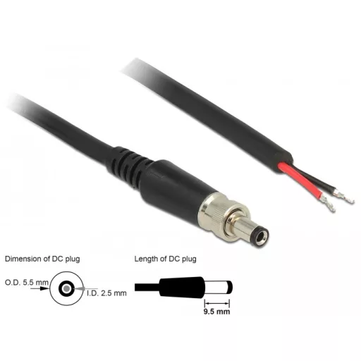 Delock DC tápkábel 5,5 x 2,5 x 9,5 mm, csavarozással nyitható huzalvéggel, 95 cm hosszú (89908)
