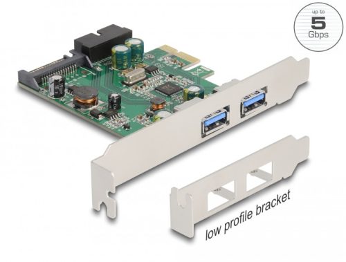 Delock PCI Express x1 Kártya - 2 x külső USB 3.2 Gen 1 A-típusú USB csatlakozó + 1 x belső 19 tűs USB tű fejes apa - alacsony profilú formatényező (90096)